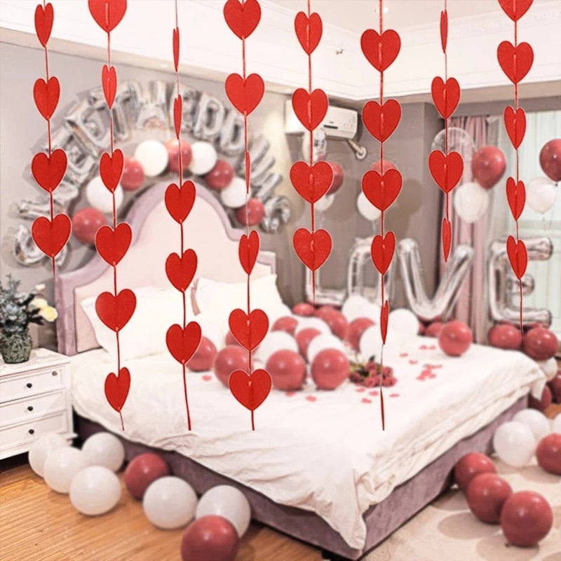 16pcs/set 2M Red Hearts Garland DIY Valentines Day Hanging String Garland Day Wedding Anniversary Birthday Party Decoration - Executive-Skincare