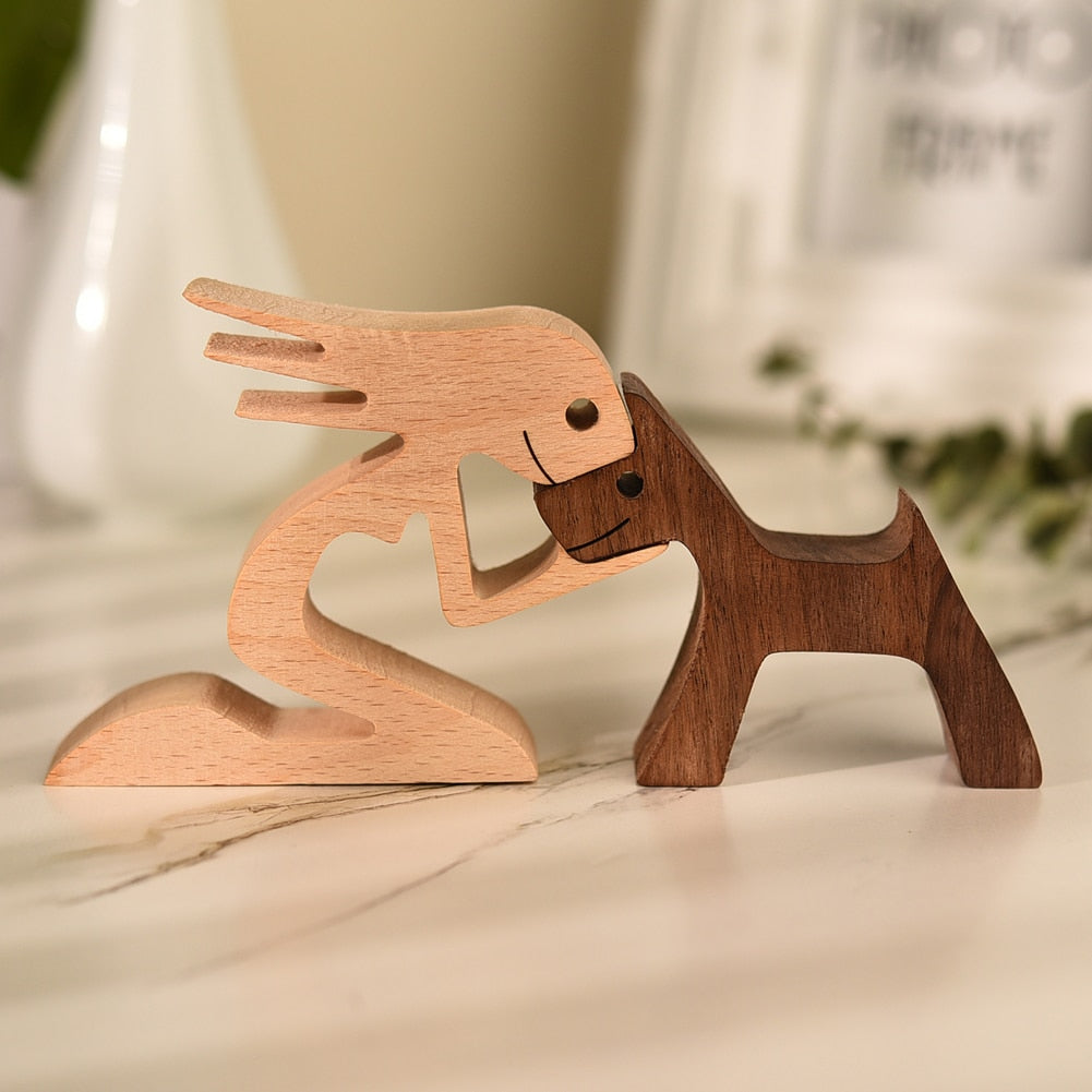 Family Puppy Wood Dog Craft Figurine Desktop Table Ornament Carving Model Home Office Decoration Pet Sculpture Christmas Gift - Executive-Skincare