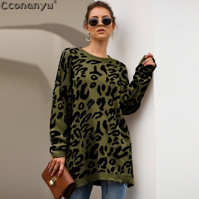 2019 Autumn winter clothing ladies long sweater fashion womens loose pullovers and sweaters leopard print knitted sweater - Executive-Skincare