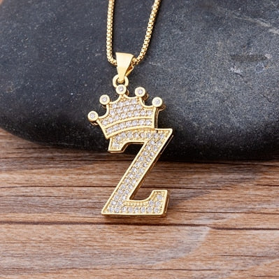 Nidin New Luxury Copper Zircon A-Z Crown Alphabet Pendant Chain Necklace Hip-Hop Style Fashion Woman Man Initial Name Jewelry - Executive-Skincare