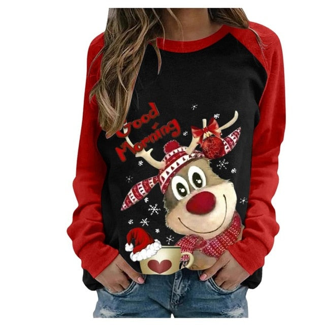 Funny Cute Elk Printing Long Sleeve Christmas Women T Shirt Harajuku S-2xl Cotton Woman Tshirts Graphic Aesthetic Shirt Female - Executive-Skincare