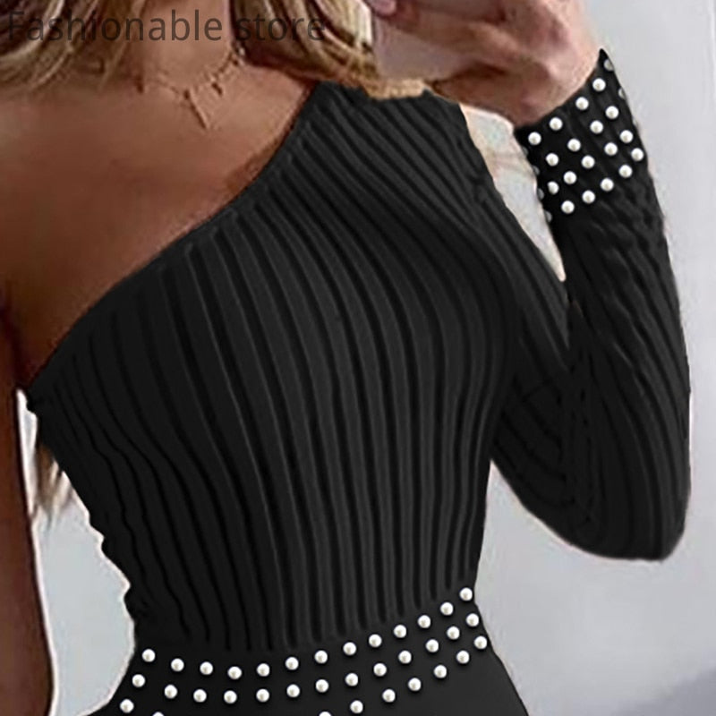 Women Single Shoulder Long Sleeve Beads Design Solid Color Jumpsuit - Executive Quality Store