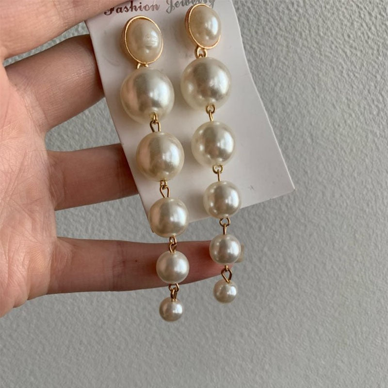 Pearl Long Earrings Female White Round Pearl Wedding  Earrings - Executive-Skincare