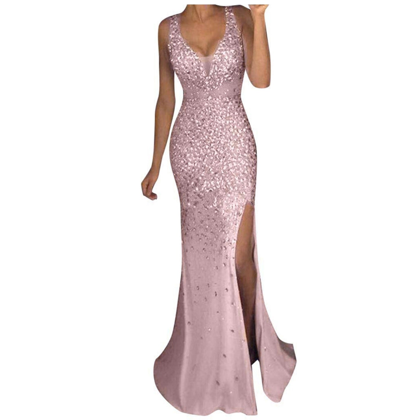 Gold Sequined Sling Mermaid Dress Women Elegent Evening Prom Party Ball Gown Vestidos Sexy V Neck Slits Bridesmaid Dress - Executive-Skincare