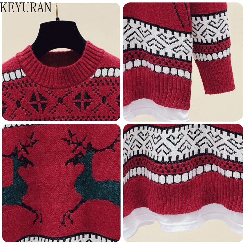 Vintage Jacquard Christmas Sweater Women Pullover Autumn O Neck Long Sleeve Loose Reindeer Print Knitted Jumpers Female Tops - Executive-Skincare