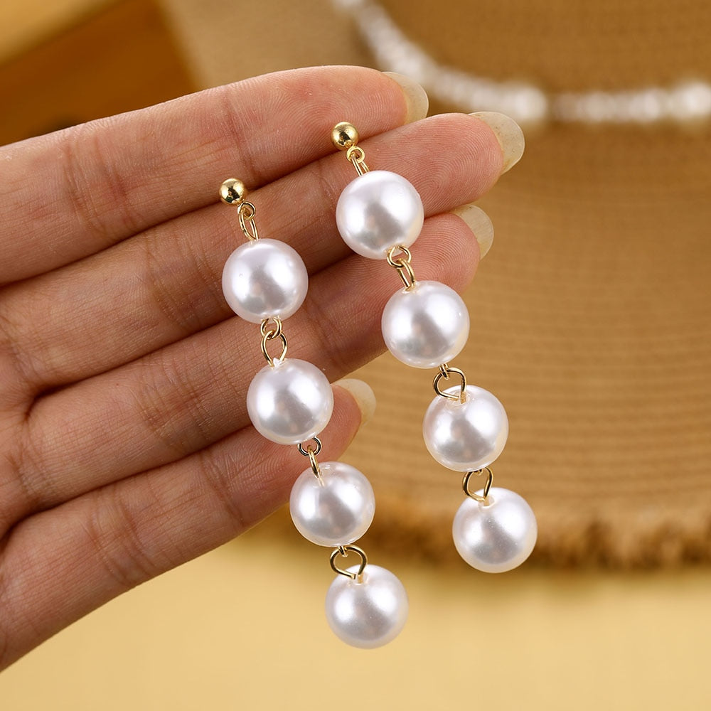 Pearl Long Earrings Female White Round Pearl Wedding  Earrings - Executive-Skincare