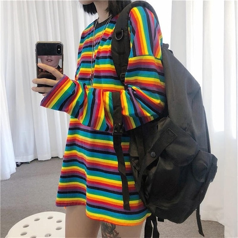 Rainbow Stripe T Shirt Hoodies Harajuku Female T-Shirt Long Sleeve T-shirts Pullovers Tops For Women Female Sweatshirt - Executive-Skincare