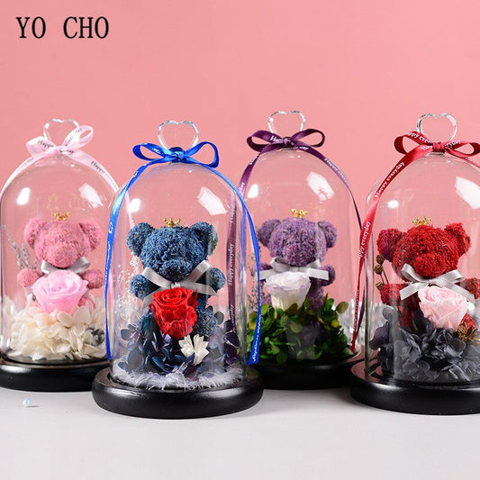 YO CHO Eternal Real Rose Moss Teddy Bear in Glass Dome Valentines Gift LED Light Immortal Rose Preserved Flower Birthday Gift - Executive-Skincare