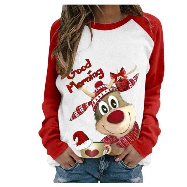 Funny Cute Elk Printing Long Sleeve Christmas Women T Shirt Harajuku S-2xl Cotton Woman Tshirts Graphic Aesthetic Shirt Female - Executive-Skincare