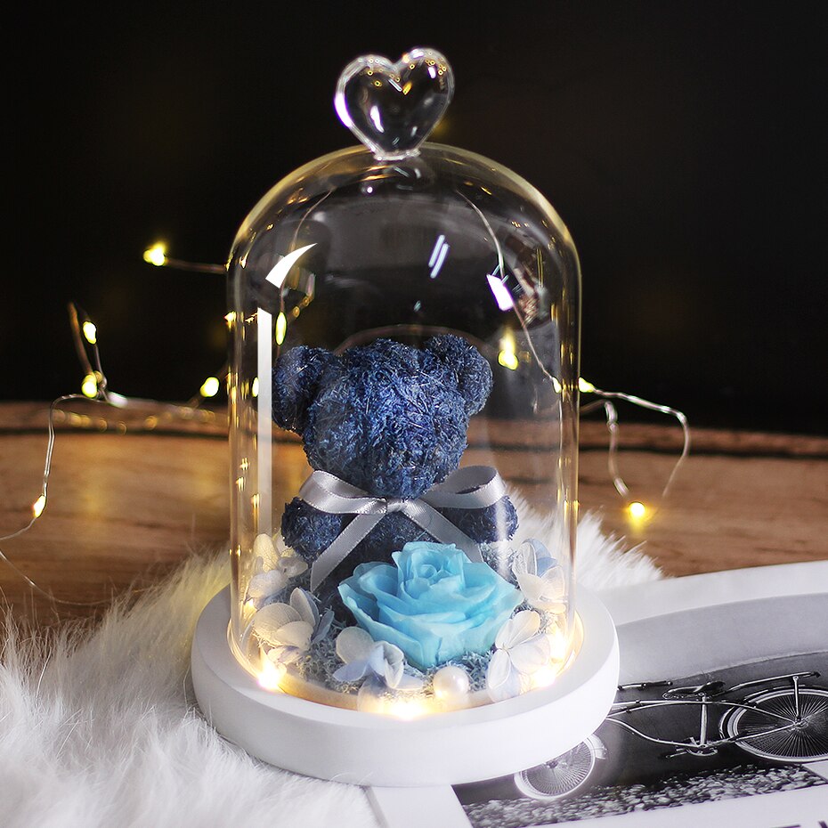 The Beautiful and the Beast Teddy Bear Rose Decor Natural Dried Flowers In Glass Dome LED Mother&#39;s Valentine&#39;s Day Wedding Gift - Executive-Skincare