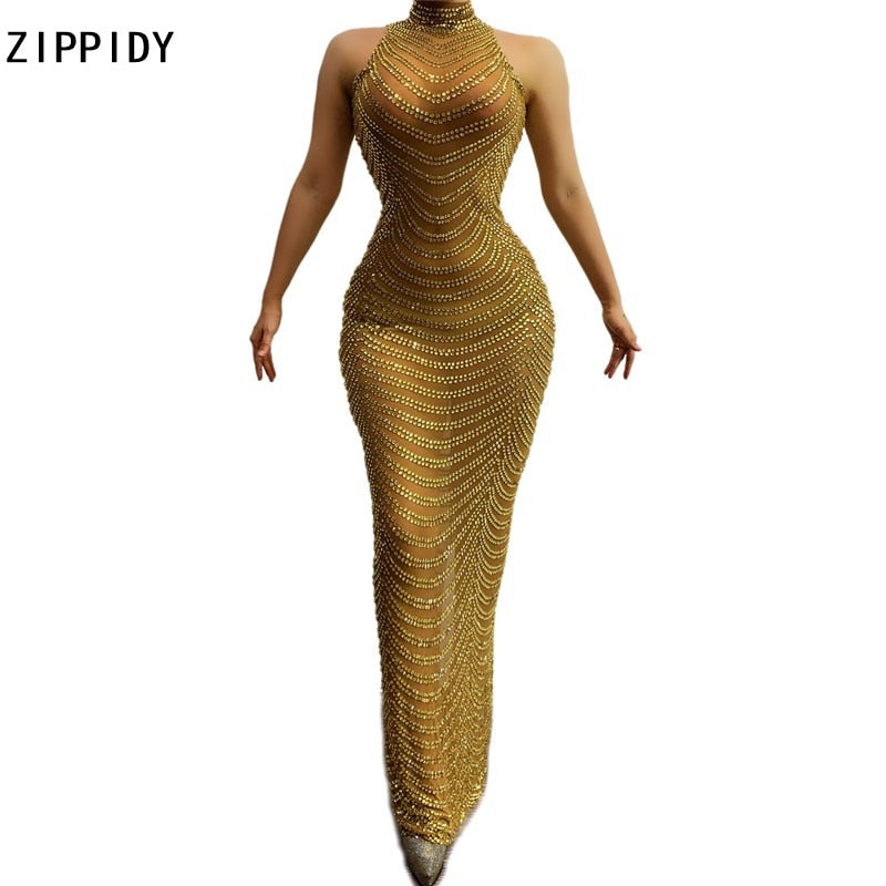 Full Gold Rhinestones Transparent Mesh Long Dress Women Birthday Celebrate Dress High Neck Outfit Bar Dance Show Dress - Executive-Skincare