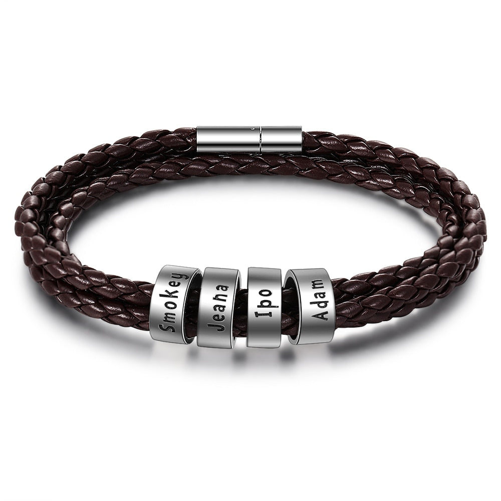 Customized 2-5 Names Beads Bracelets for Men Personalized Brown Braided Rope Leather Bracelet Male Jewelry Gift for Grandfather - Executive-Skincare