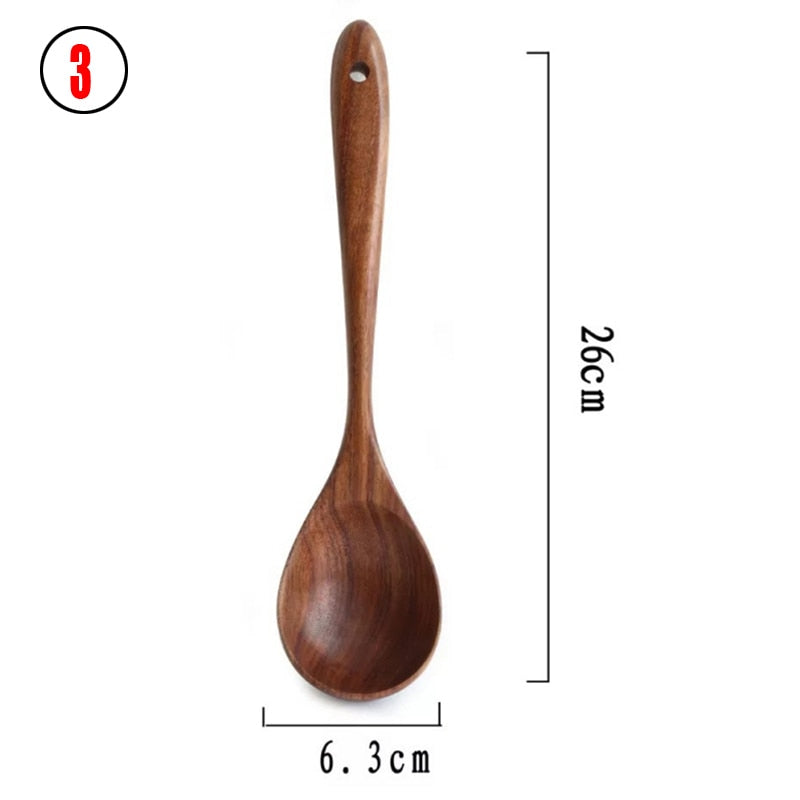 7pcs/set Teak Natural Wood Tableware Spoon Ladle Turner Rice Colander Soup Skimmer Cooking Spoon Scoop Kitchen Reusable Tool Kit - Executive-Skincare