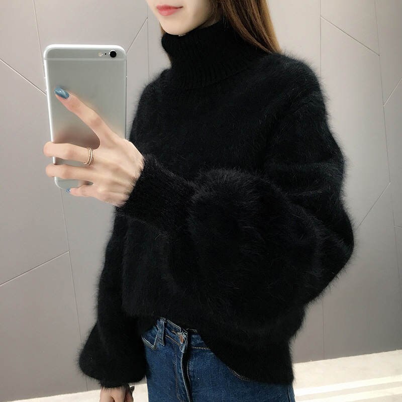 Autumn Winter Lantern Sleeve Faux Mink Cashmere Pullover Knitted Sweater Women Warm Plush Women Sweater Thicken Pullovers C5718 - Executive-Skincare