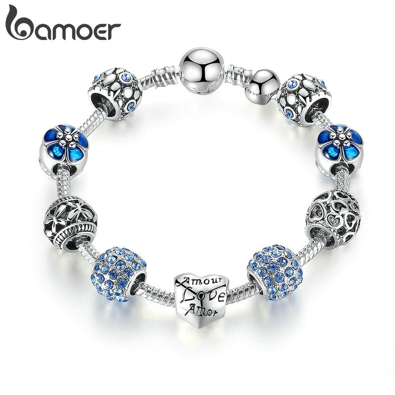 BAMOER Silver Plated Charm Bracelet &amp; Bangle with Love and Flower Beads Women Wedding Jewelry 4 Colors 18CM 20CM 21CM PA1455 - Executive-Skincare