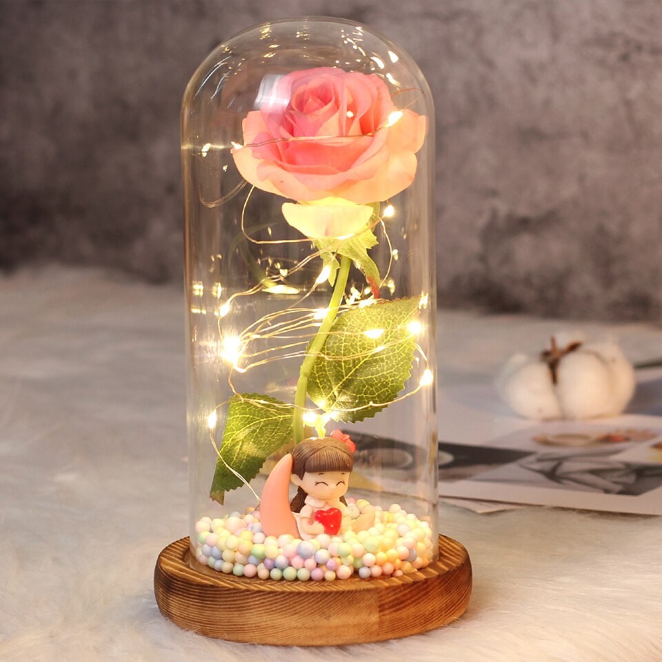 Beauty and Beast Rose Flower with Teddy Rose Bear In Glass Dome Home Wedding Decoration Birthday Valentine&#39;s Day Mother &#39;s Gift - Executive-Skincare