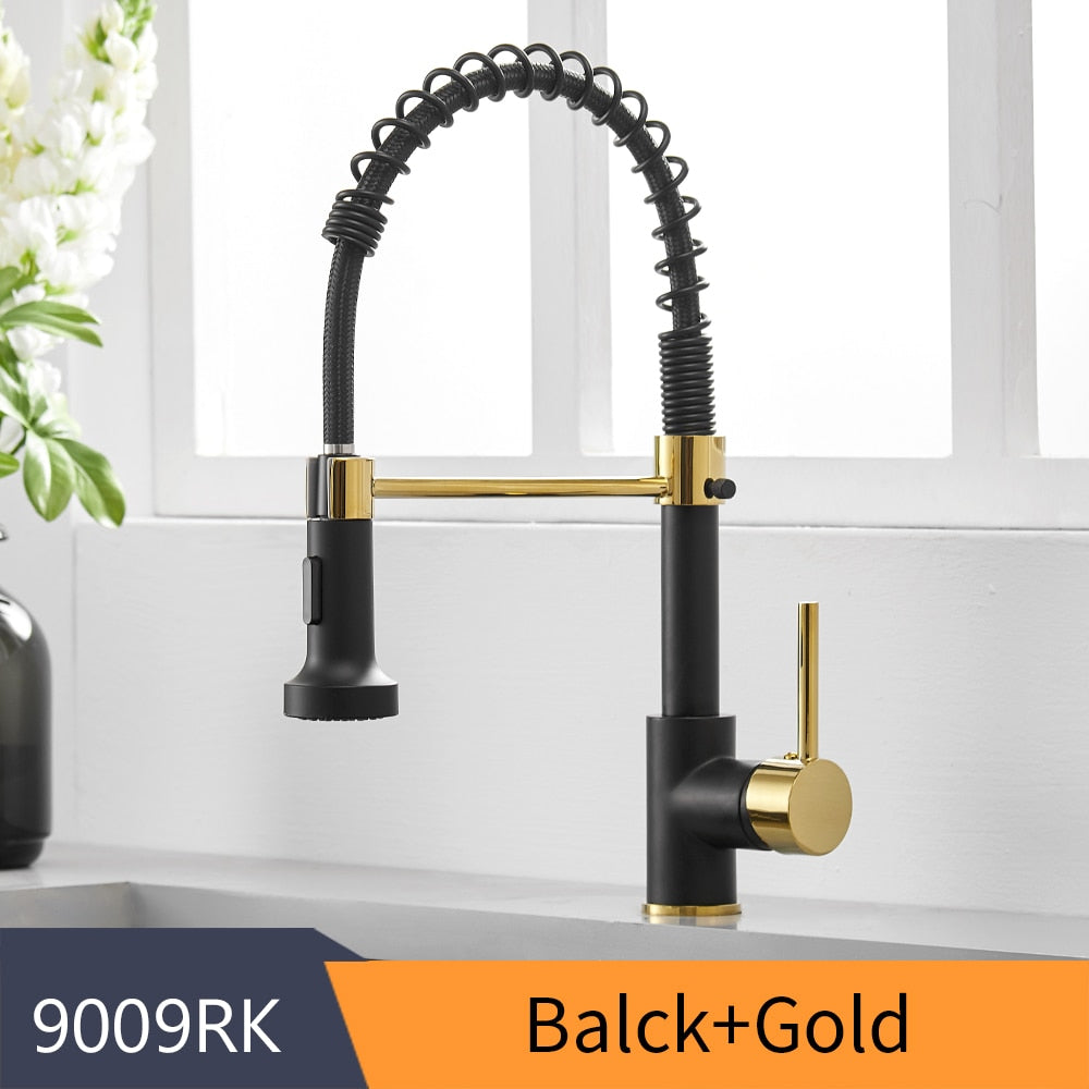 Kitchen Faucets Brush Brass Faucets for Kitchen Sink  Single Lever Pull Out Spring Spout Mixers Tap Hot Cold Water Crane 9009 - Executive-Skincare