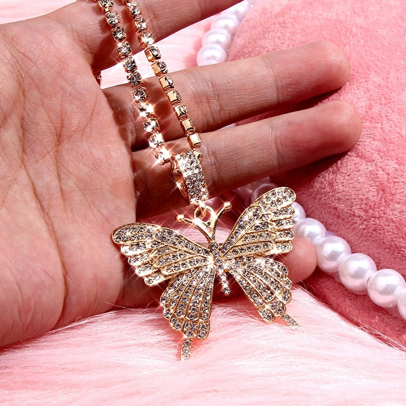 Statement Big Butterfly Pendant Necklace Rhinestone Chain for Women Bling Tennis Chain Crystal Choker Necklace Party Jewelry - Executive-Skincare