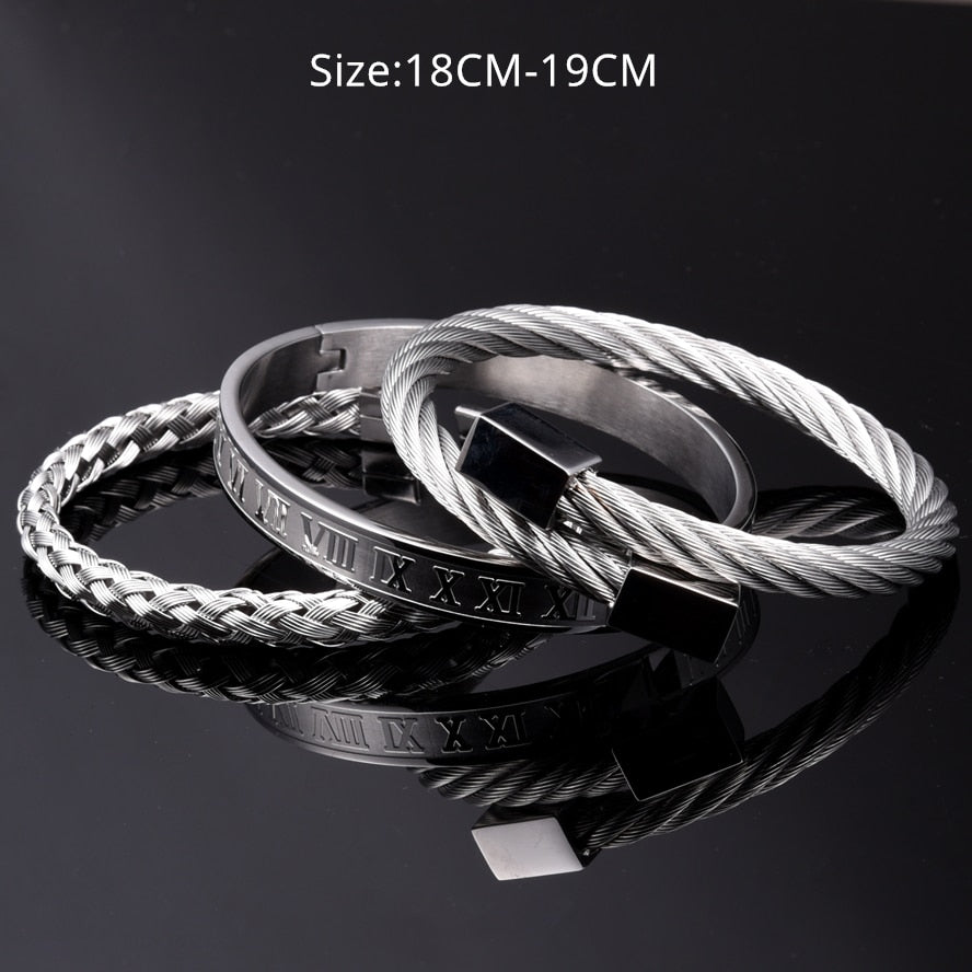 Luxury 3pcs/Set Stainless Steel Bracelet Hip Hop Men Jewelry Roman Number Charm Gold Color Jewelry For  Men Pulseira Bileklik - Executive-Skincare