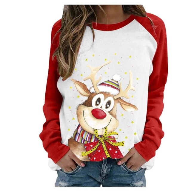 Funny Cute Elk Printing Long Sleeve Christmas Women T Shirt Harajuku S-2xl Cotton Woman Tshirts Graphic Aesthetic Shirt Female - Executive-Skincare