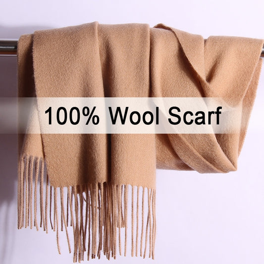 Winter 100% Pure Wool Scarf Neck Warmer Women Echarpe Wrap with Tassel Pashmina Foulard Femme Merino Cashmere Scarves for Ladies - Executive-Skincare