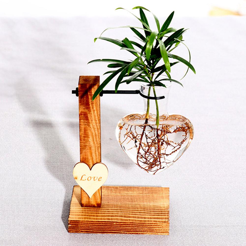 Glass and Wood Vase Planter Terrarium Table Desktop Hydroponics Plant Bonsai Flower Pot Hanging Pots with Wooden Tray Home Decor - Executive-Skincare