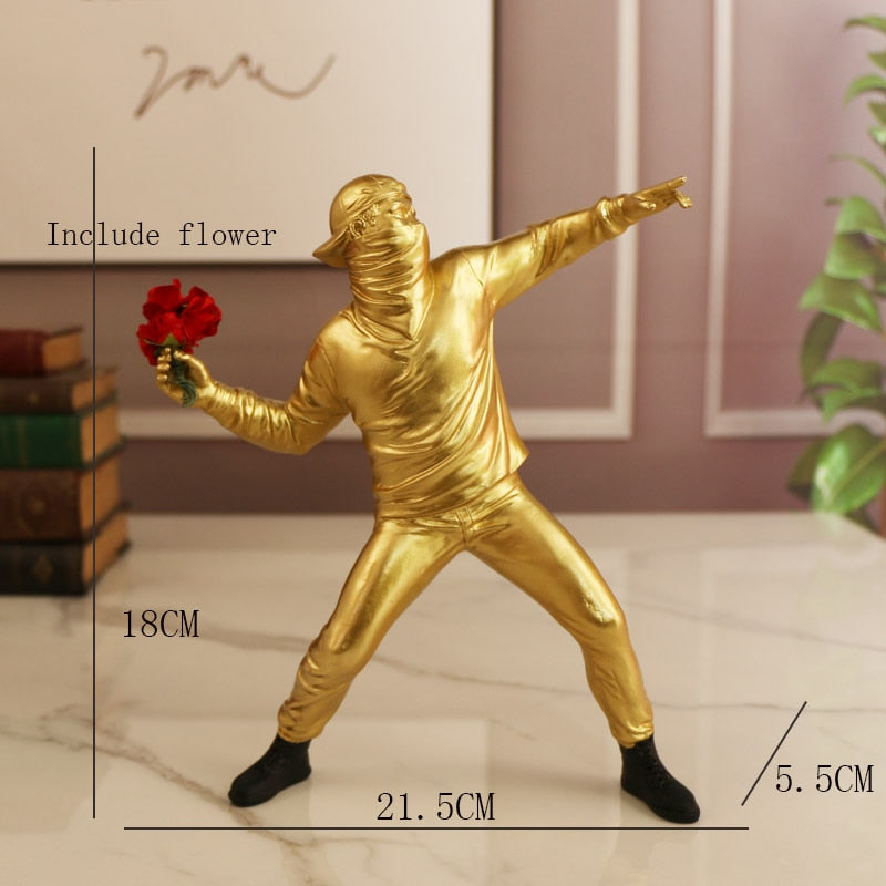 Figurines Banksy Throw Flower Boy Street Art Industrial Wind Statue Desk Ornaments Grey Trend Creative Home Living Room Decor - Executive-Skincare