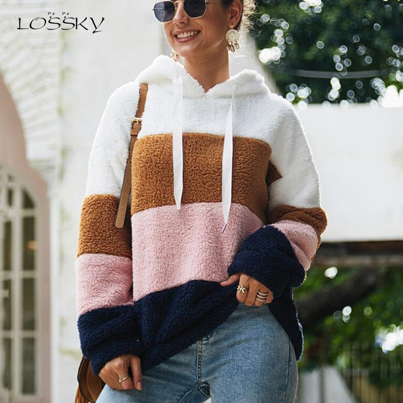 Lossky Women Hoodies Sweatshirt Striped Patchwork Ladies Long Sleeve Pullover Plush Top Autumn Winter Female  Warm Clothing 2022 - Executive-Skincare