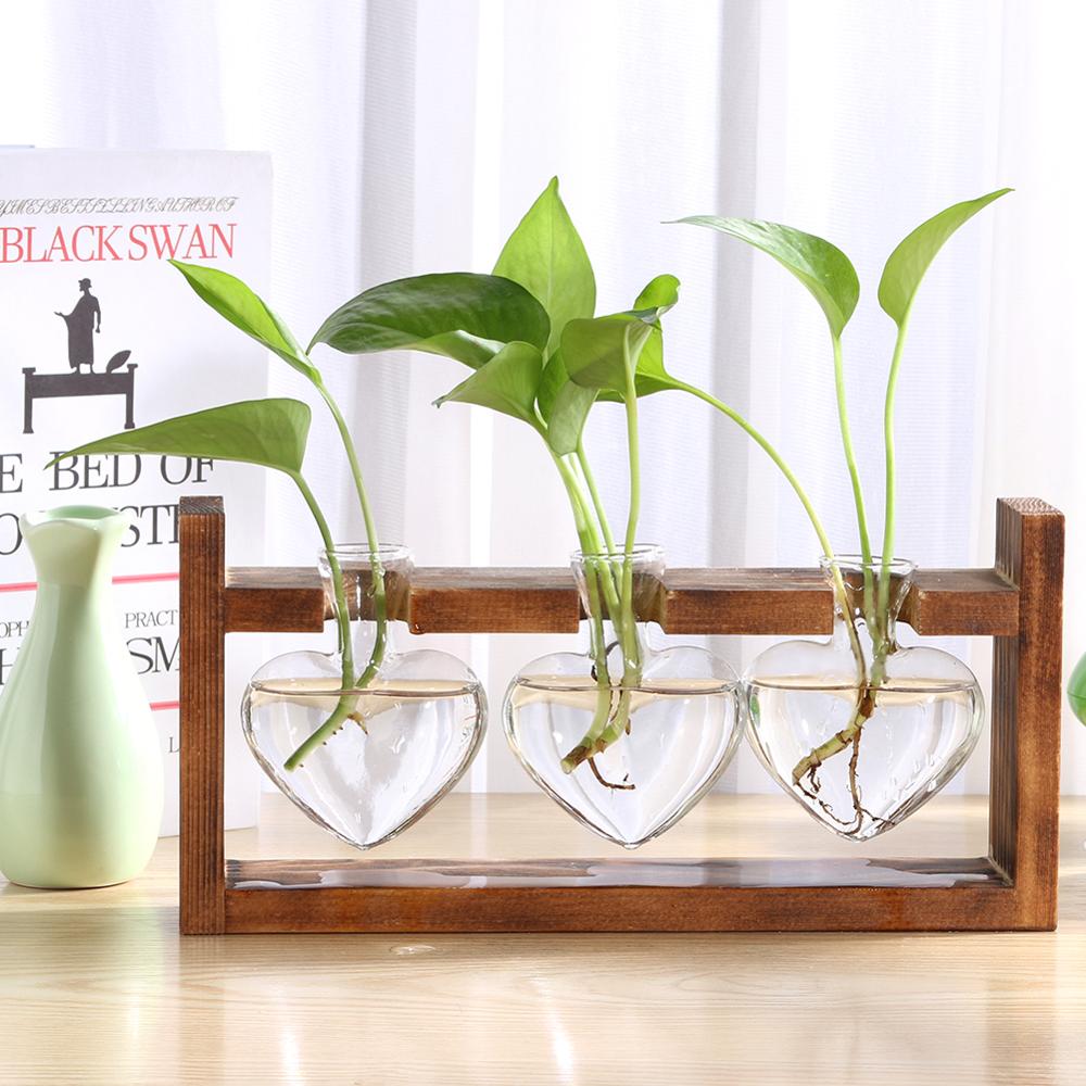 Glass and Wood Vase Planter Terrarium Table Desktop Hydroponics Plant Bonsai Flower Pot Hanging Pots with Wooden Tray Home Decor - Executive-Skincare