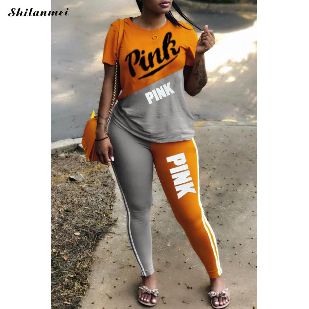 2022 New Tracksuit For Women Pink Letter Print Two Piece Sets Casual 2 PCS Outfits Short Sleeve T Shirt Pants Suits Matching Set - Executive Quality Store