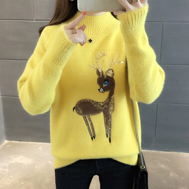 Cute Sweater Korean Reindeer Ugly Christmas Sweater Women Winter Warm Sweaters Fluffy Cashmere Jumper Turtleneck Pullover 2022 - Executive-Skincare