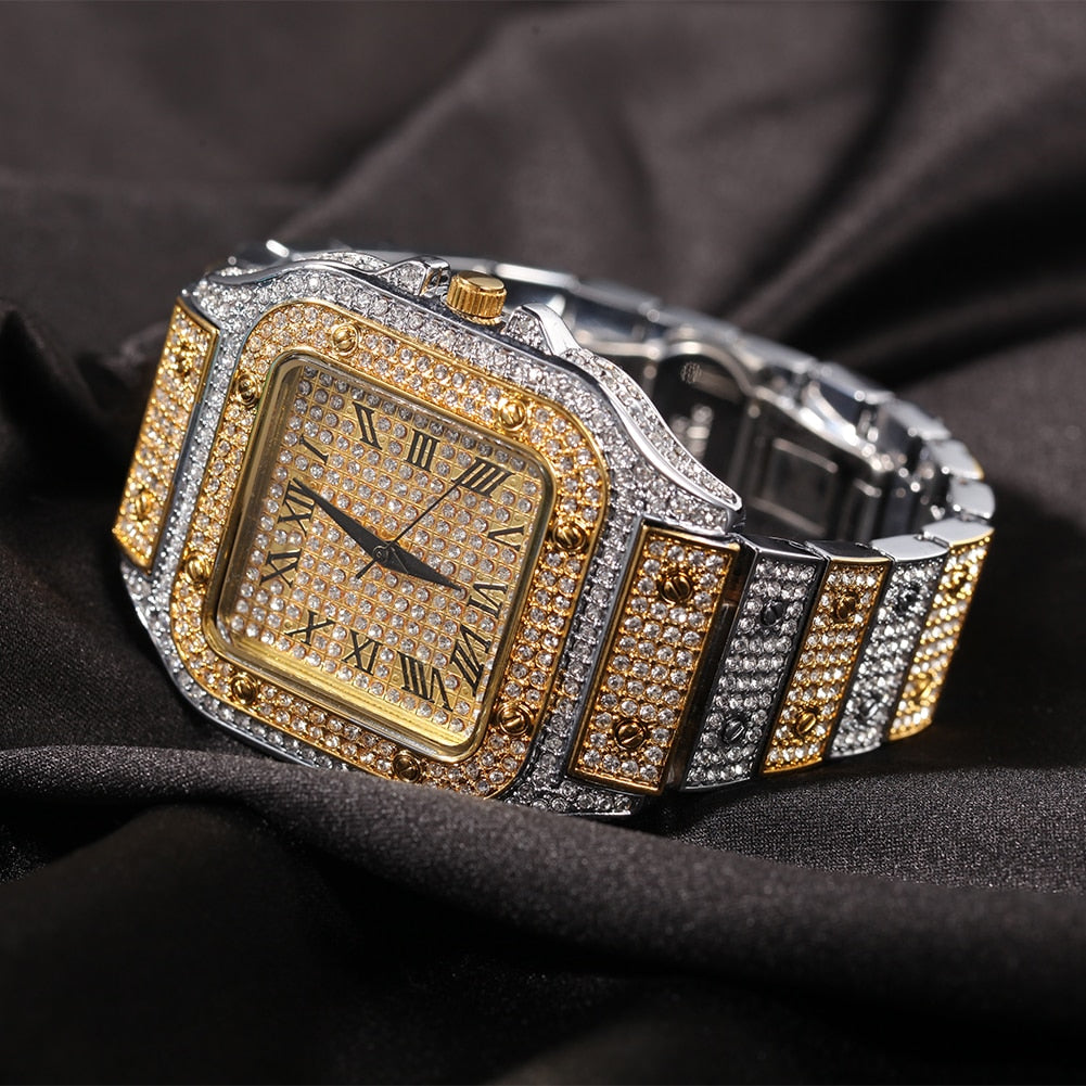 Hip Hop Full Iced Out Full Drill Men Square Watches Stainless Steel Fashion Luxury Rhinestones Quartz Square Business Watch - Executive-Skincare