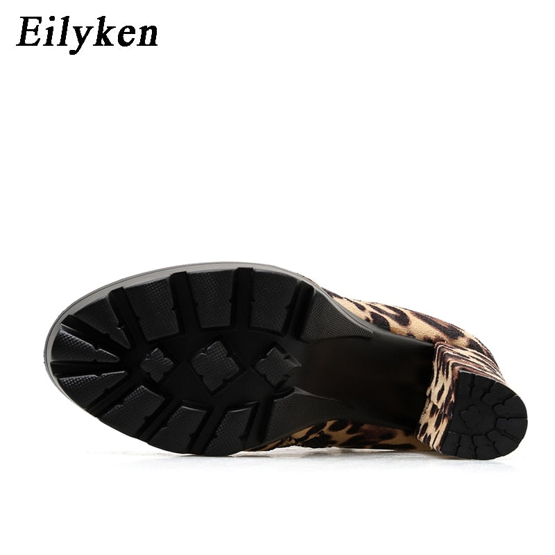 Eilyken Fashion Leopard Ankle Boots For Women Thick Heels Autumn Winter Flock Platform Shoes High Heels Zipper Ladies Botas Muje - Executive-Skincare