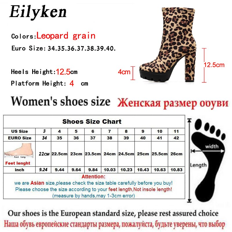 Eilyken Fashion Leopard Ankle Boots For Women Thick Heels Autumn Winter Flock Platform Shoes High Heels Zipper Ladies Botas Muje - Executive-Skincare