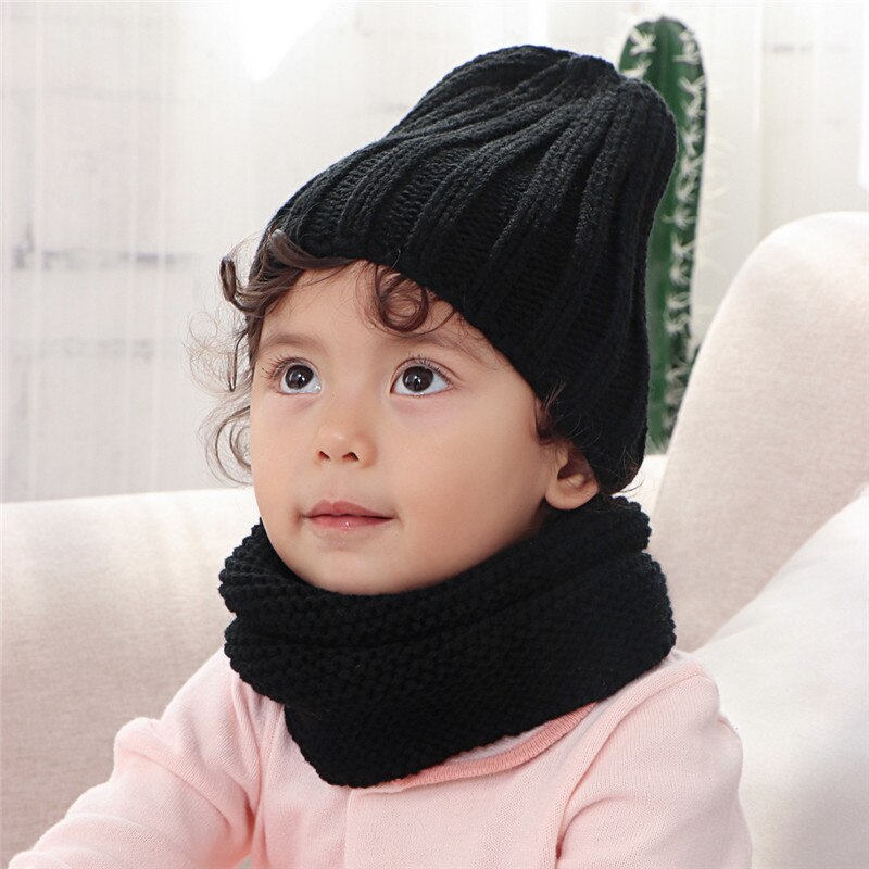 Multicolor hat and scarf for children solid acrylic kids hat with a scarf knit girls boy hats scarves set winter accessories - Executive-Skincare