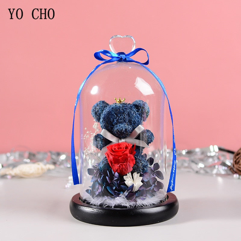 YO CHO Eternal Real Rose Moss Teddy Bear in Glass Dome Valentines Gift LED Light Immortal Rose Preserved Flower Birthday Gift - Executive-Skincare