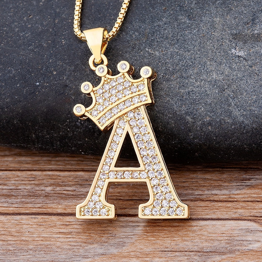 Nidin New Luxury Copper Zircon A-Z Crown Alphabet Pendant Chain Necklace Hip-Hop Style Fashion Woman Man Initial Name Jewelry - Executive-Skincare