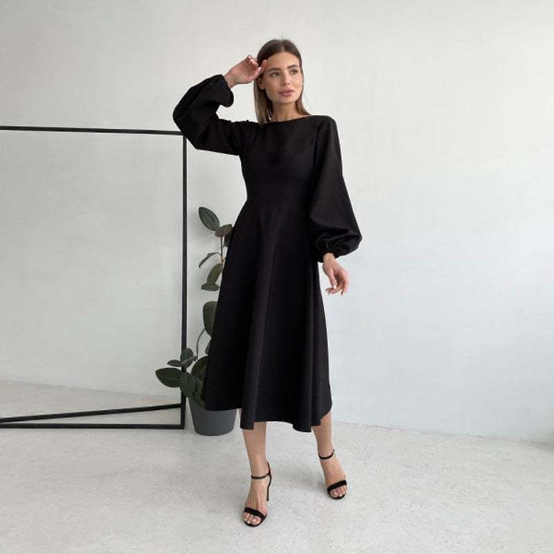 CHURSES Sexy Backless Midi Dress Lantern Sleeve O-Neck Autumn Folds A-Line Fashion Party Night Club Long Dresses For Women - Executive-Skincare