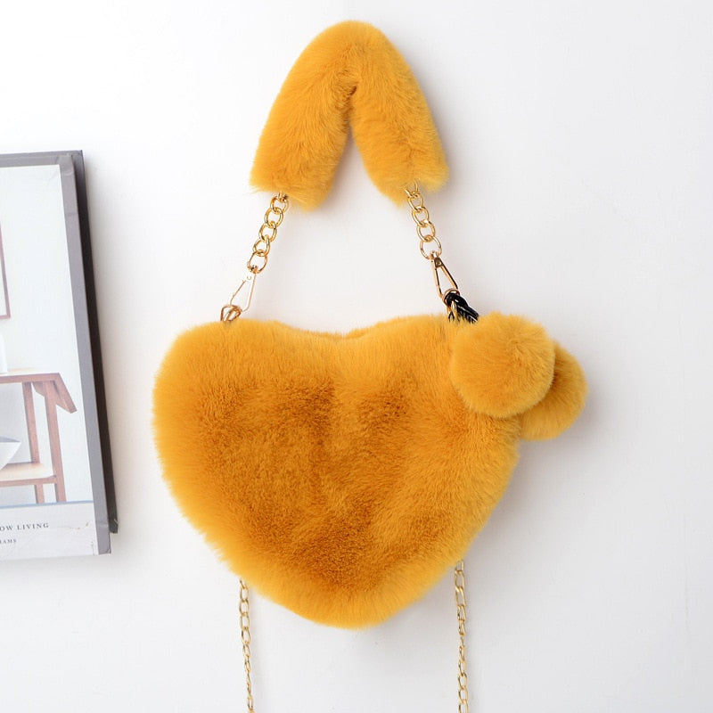 2021 Faux Fur Women Handbags Heart Shaped Shoulder Bag Female Clutch Purse Chain Messenger Bag Plush Shoulder Crossbody Bag - Executive-Skincare