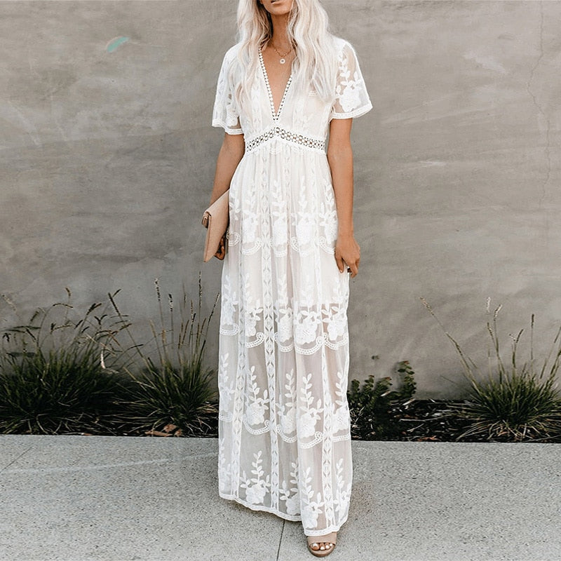 Ordifree 2022 Summer Boho Women Maxi Dress Loose Embroidery White Lace Long Tunic Beach Dress Vacation Holiday Clothes - Executive-Skincare