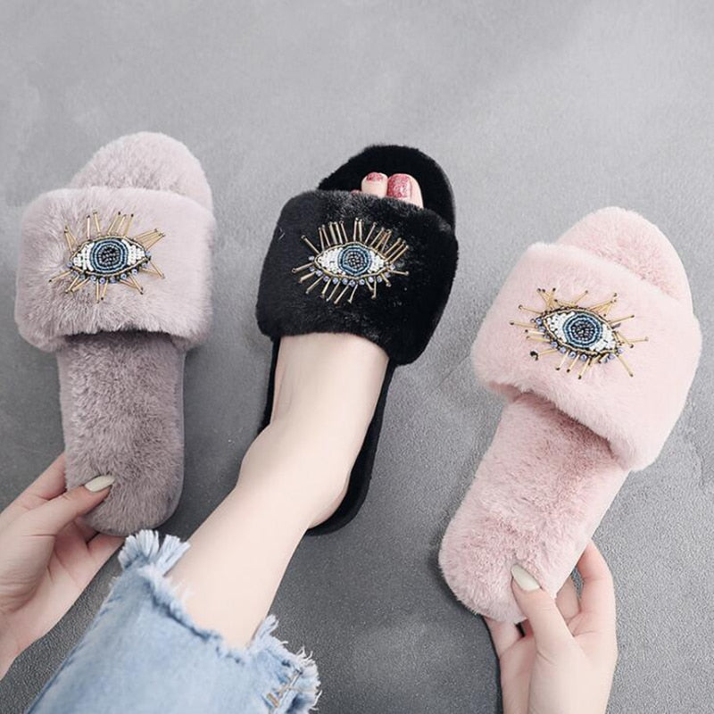 Big Eyes Decoration Fur Slippers Women Flats Winter Home Cotton Slippers Femme Rhinestone Eye Plush Flip Flops Women Shoes s655 - Executive-Skincare