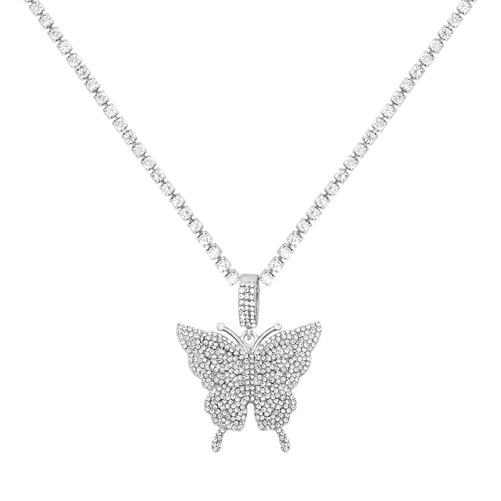 Statement Big Butterfly Pendant Necklace Rhinestone Chain for Women Bling Tennis Chain Crystal Choker Necklace Party Jewelry - Executive-Skincare