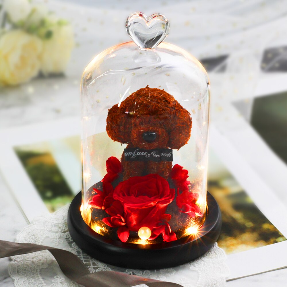 The Beautiful and the Beast Teddy Bear Rose Decor Natural Dried Flowers In Glass Dome LED Mother&#39;s Valentine&#39;s Day Wedding Gift - Executive-Skincare