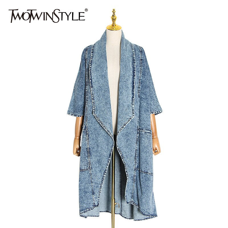 TWOTWINSTYLE Vintage Denim Women Windbreaker Lapel Collar Half Sleeve High Waist Trench Coats Female Fashion Clothing 2020 Tide - Executive-Skincare