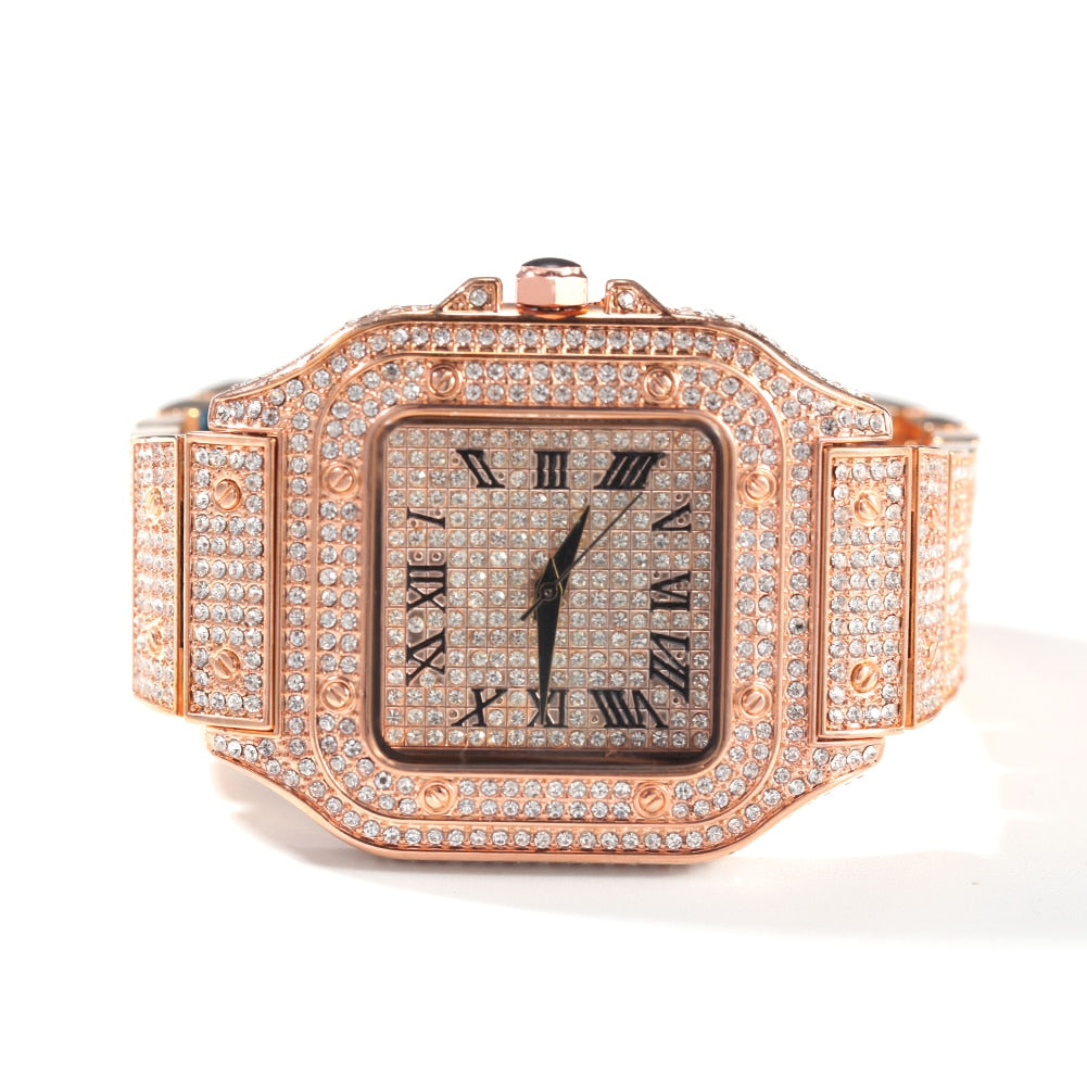 Hip Hop Full Iced Out Full Drill Men Square Watches Stainless Steel Fashion Luxury Rhinestones Quartz Square Business Watch - Executive-Skincare