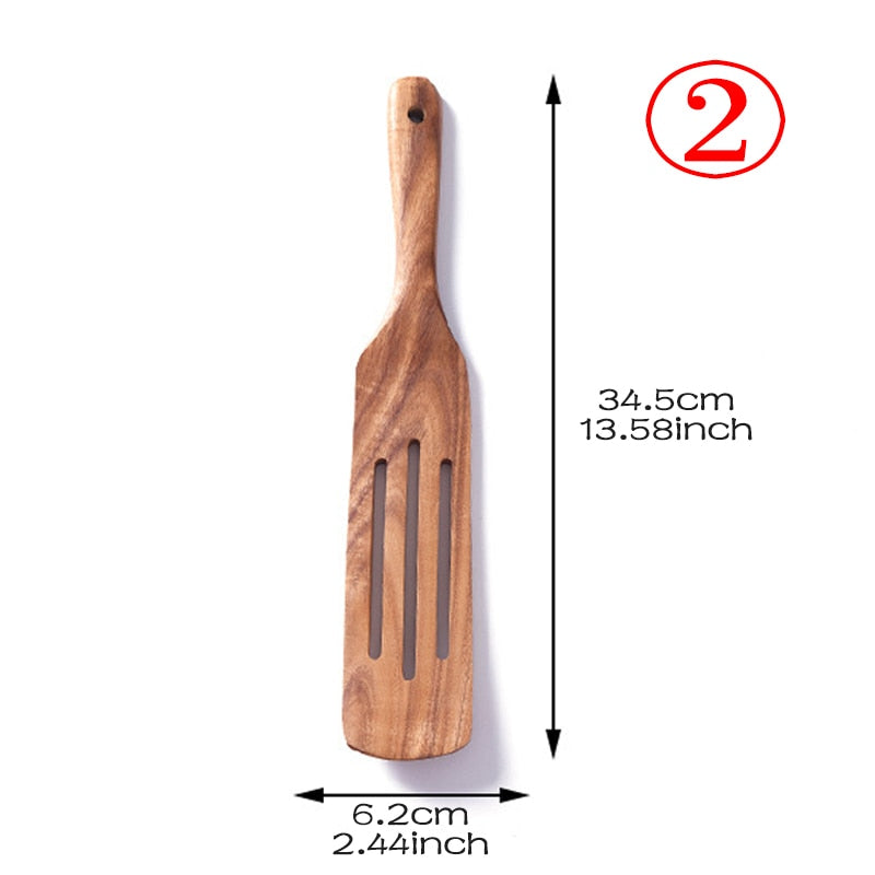 7pcs/set Teak Natural Wood Tableware Spoon Ladle Turner Rice Colander Soup Skimmer Cooking Spoon Scoop Kitchen Reusable Tool Kit - Executive-Skincare