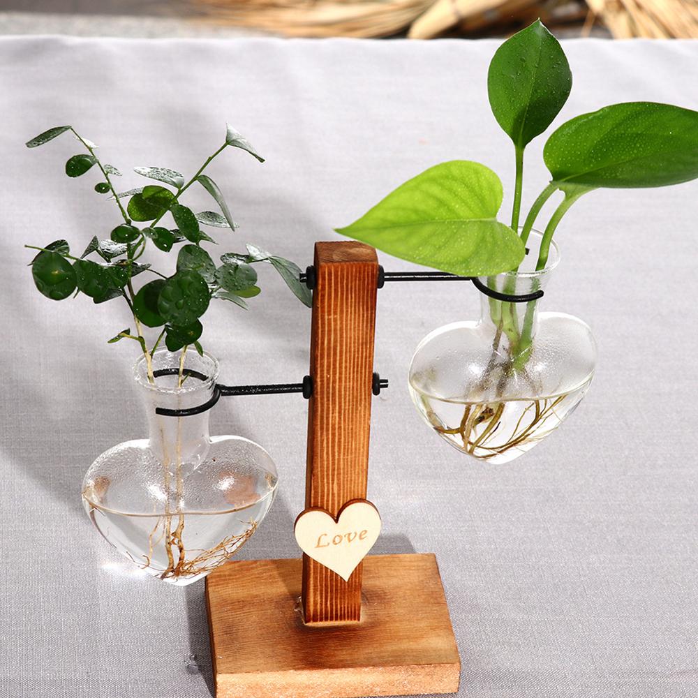 Glass and Wood Vase Planter Terrarium Table Desktop Hydroponics Plant Bonsai Flower Pot Hanging Pots with Wooden Tray Home Decor - Executive-Skincare