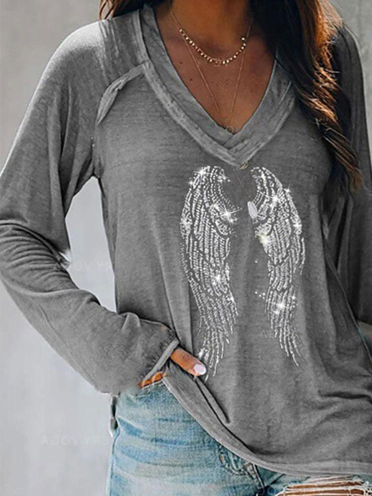 Spring Summer Casual V Neck Loose Oversize Tee Shirt Gary Glitter Studded Wing Pattern Long Sleeve Top blusas y camisas - Executive-Skincare