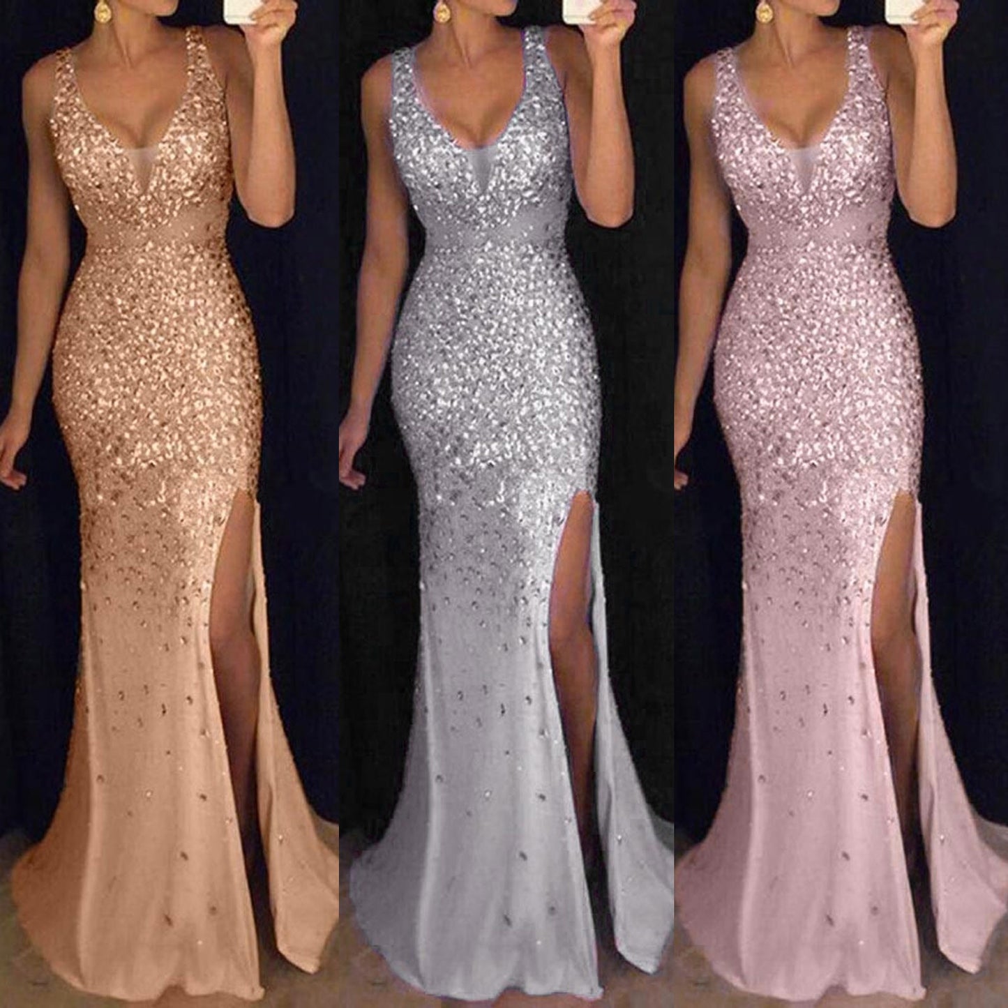 Sexy Sequine Dress for Women Prom Party Split Fork Bodycon Dress Solid Sexy Gold Evening Bridesmaid V Neck Long Dress Robe - Executive-Skincare