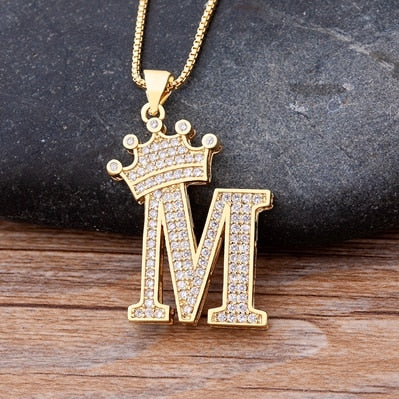 Nidin New Luxury Copper Zircon A-Z Crown Alphabet Pendant Chain Necklace Hip-Hop Style Fashion Woman Man Initial Name Jewelry - Executive-Skincare